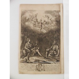 Escena mitológica. Dioses en el olimpo y personajes (Dido y Eneas??) con flauta y bastón